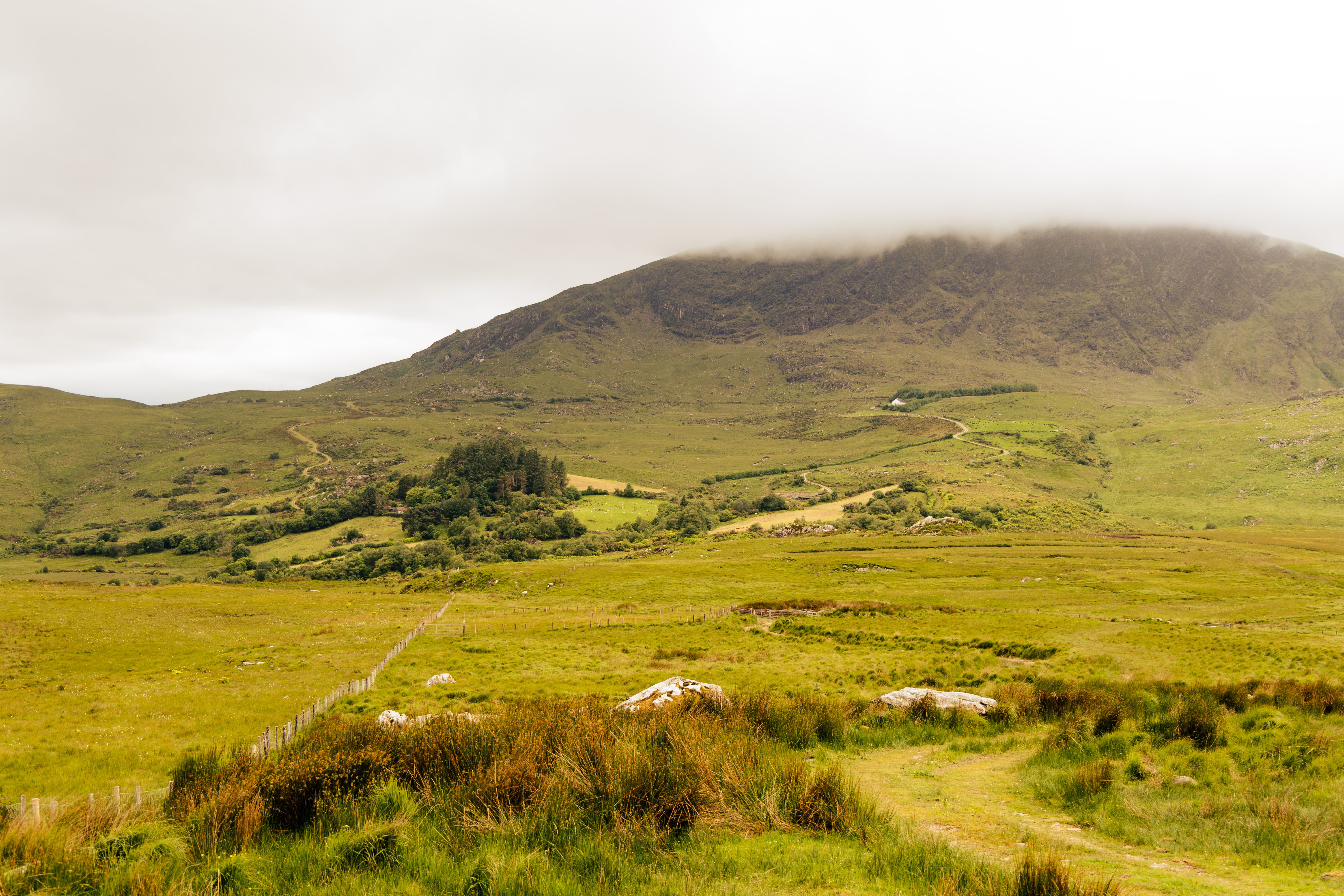 Peaceful mountain landscape in Killarney, Ireland with lush greenery and cloudy sky.