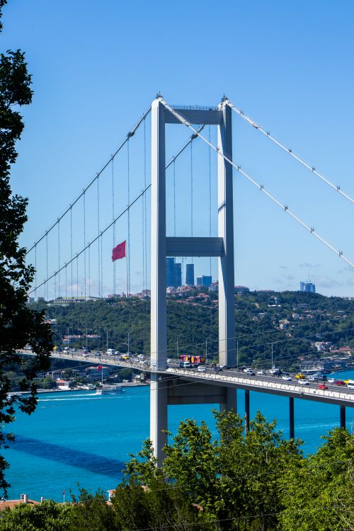 Free Stunning view of the Bosphorus Bridge over blue waters in Istanbul, Turkey. Stock Photo
