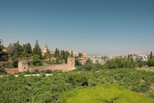 Free Aerial view of the Alhambra, surrounded by lush greenery in Granada, Spain. Stock Photo