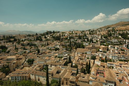 Free Aerial view of the historic Albayzín District in Granada, Spain, showcasing traditional Moorish architecture. Stock Photo
