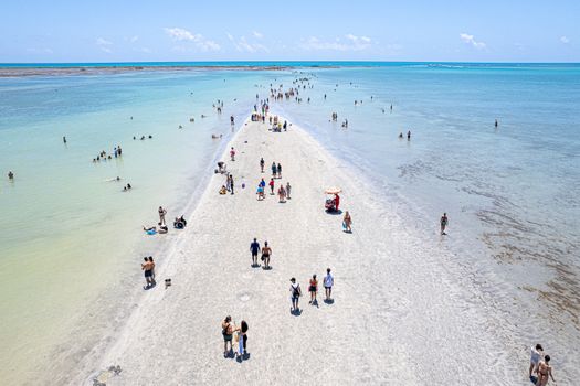 Stunning aerial photo of a busy sandbar beach in Maceió, Brazil, showcasing clear turquoise waters and vibrant beachgoers.
