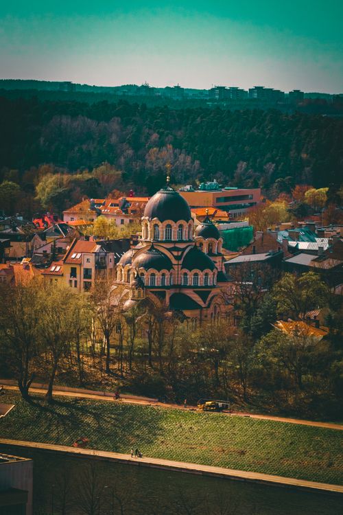 Free stock photo of autumn landscape, neris river bank, old architecture Stock Photo