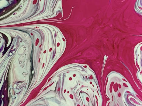 动态的粉红与白色抽象丙烯酸油漆图案，带有漩涡纹理和鲜艳色彩