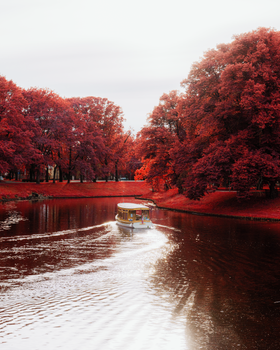 Enjoy a tranquil autumn boat ride on Riga's scenic canal surrounded by vibrant foliage.