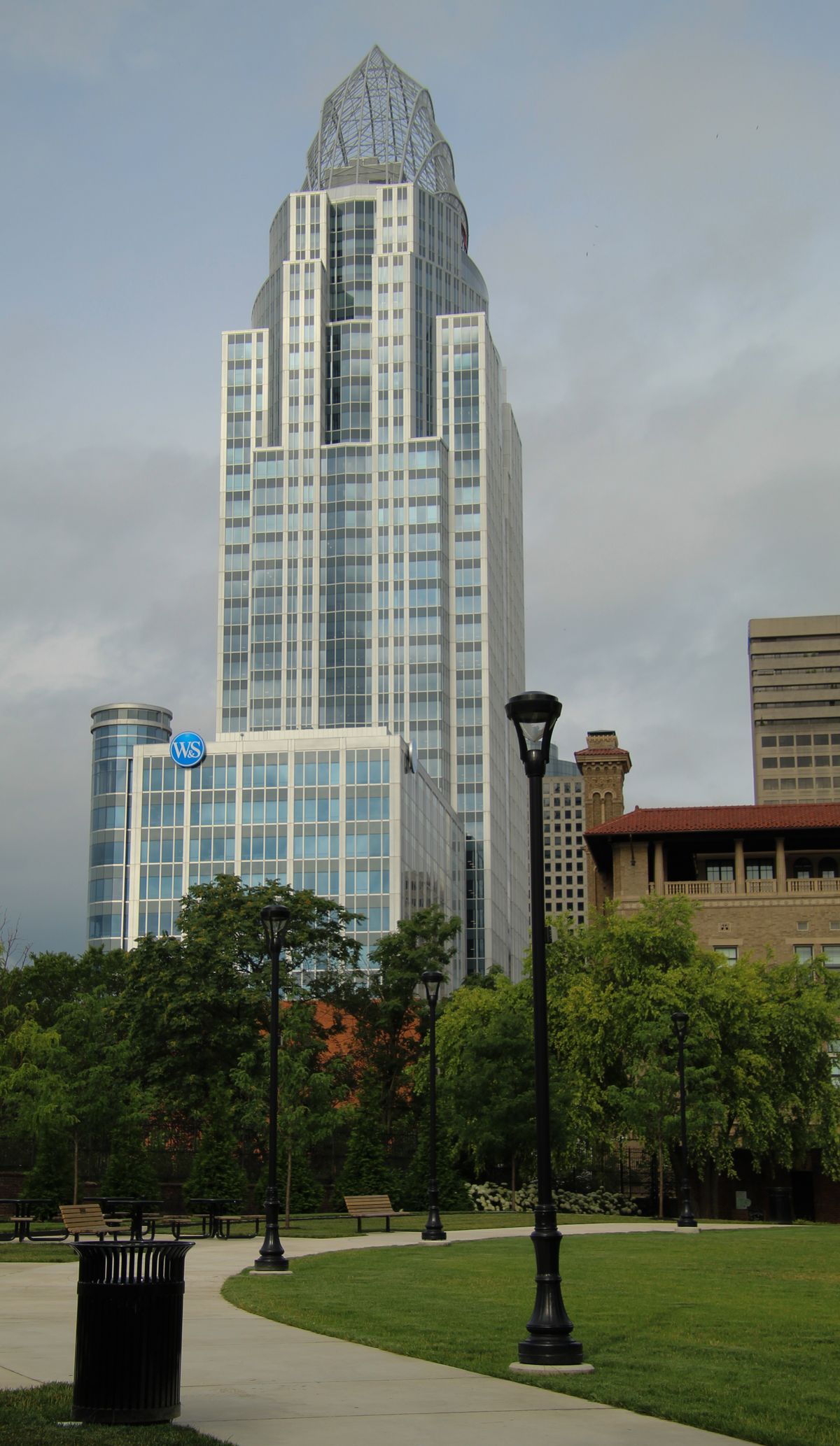 The Great American Tower rising above trees in downtown Cincinnati