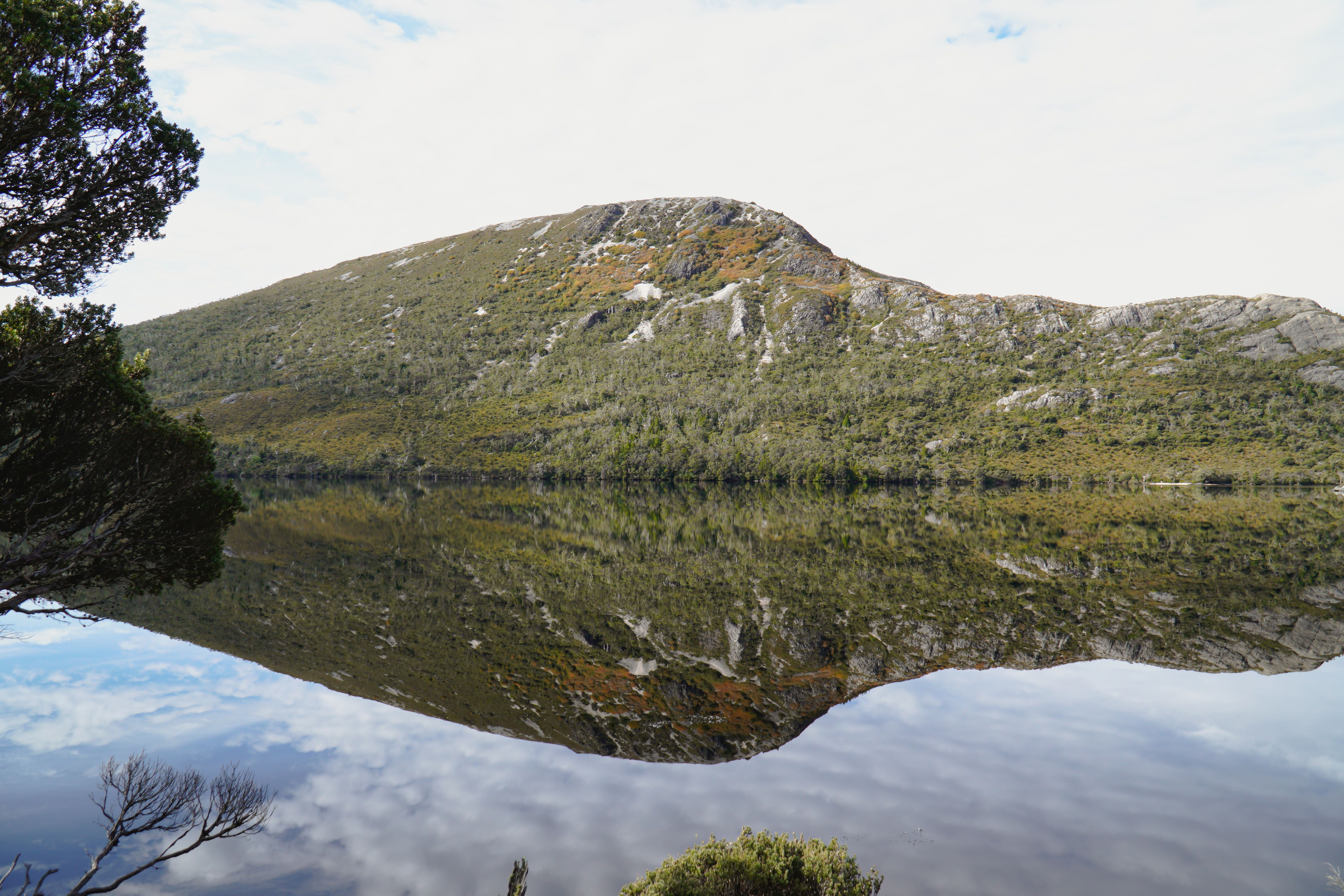 Stunning reflection of Cradle Mountain on a calm Dove Lake in Tasmania.