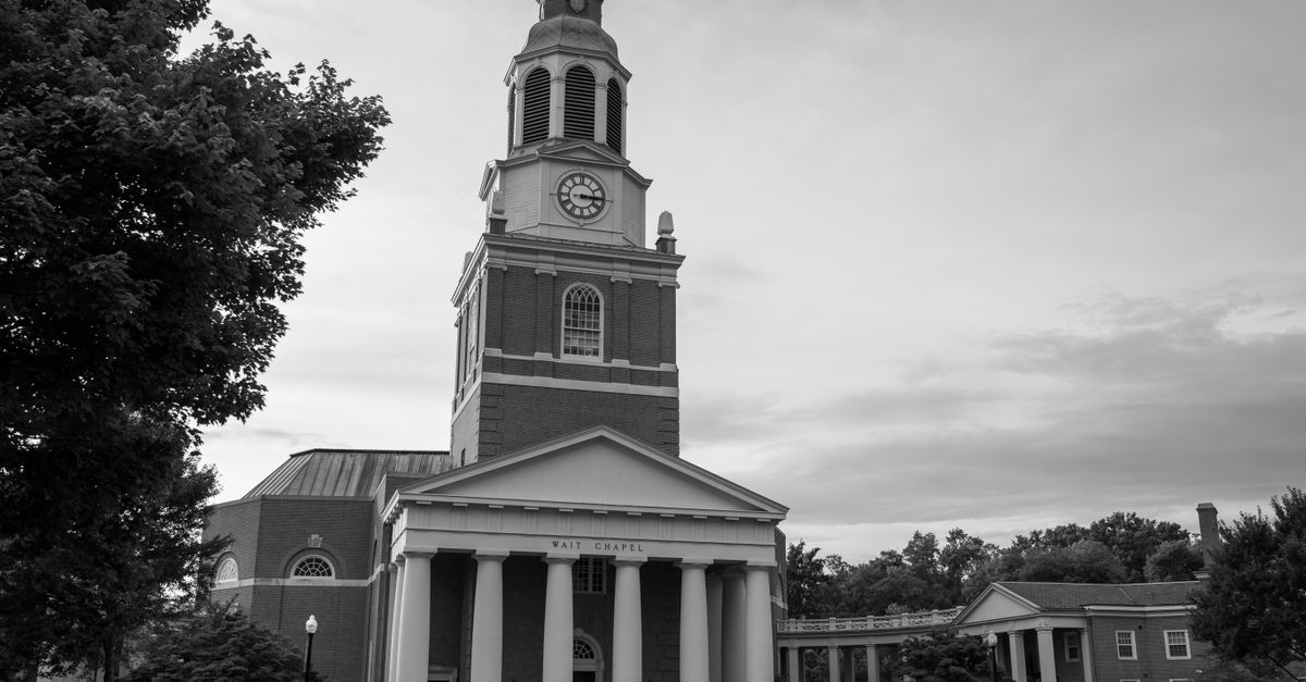 A black and white photo of Wait Chapel, iconic architecture at Wake Forest University.