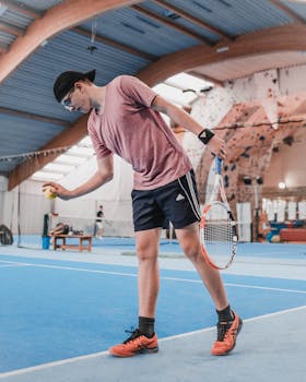 Young athlete preparing to serve on an indoor tennis court with a racket.