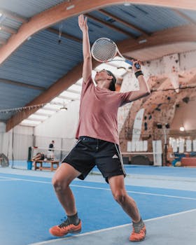 A focused athlete performing a powerful tennis serve indoors in Austria.