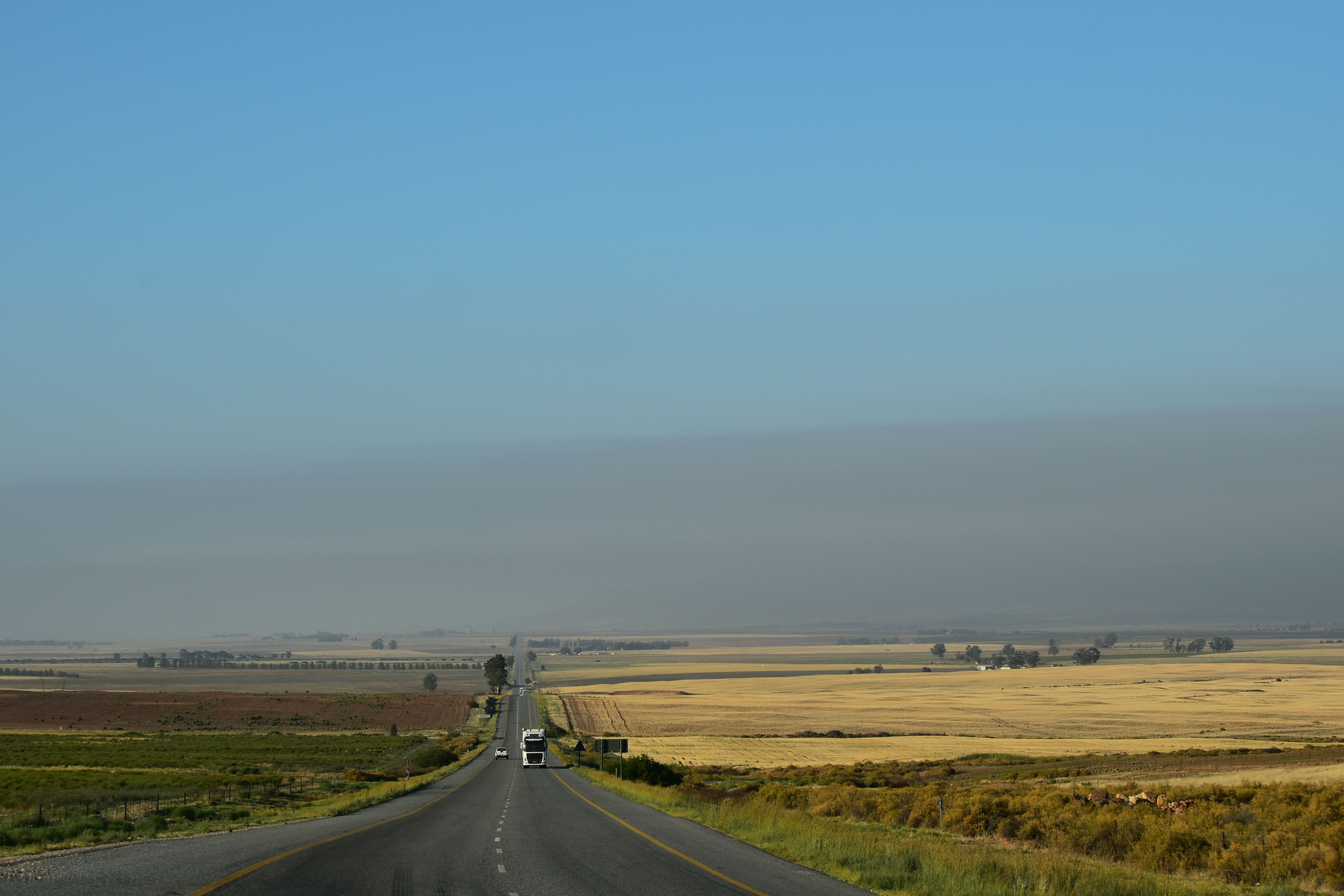 A tranquil rural highway stretches through the flat landscapes of South Africa under a clear blue sky.