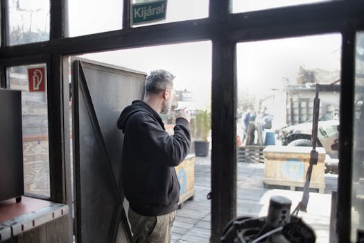 一名身穿黑色夹克的男子站在敞开的门口喝着咖啡