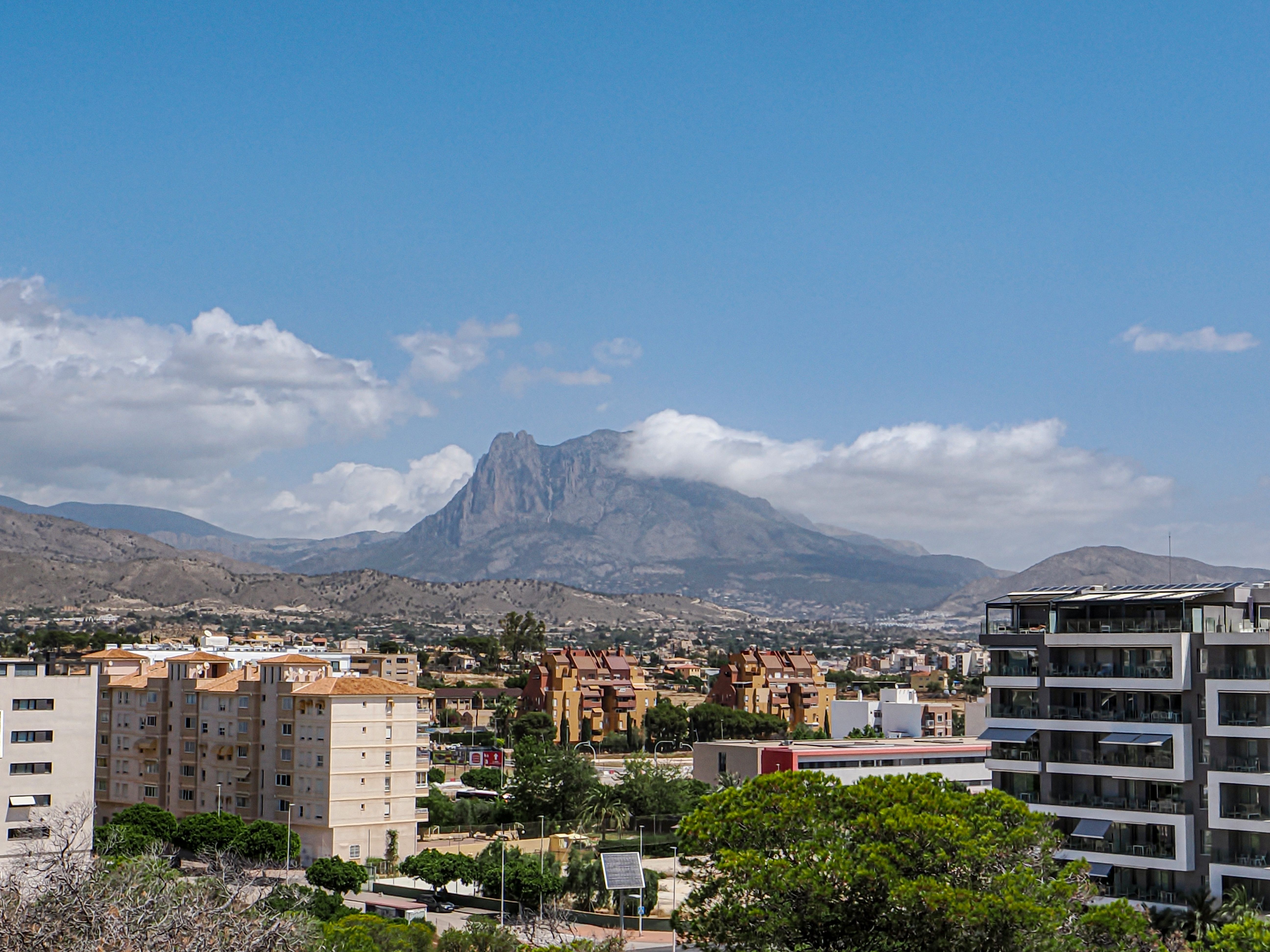 A scenic view of Alicante's urban area with mountains in the background under a clear blue sky.