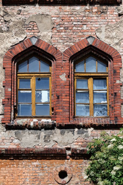 Free Historic red brick facade with Gothic windows in Kaliningrad, Russia. Stock Photo