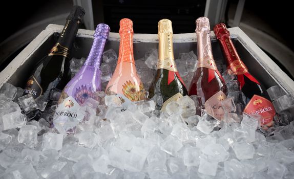 A variety of sparkling wine bottles chilled on ice, perfect for celebrations and events.