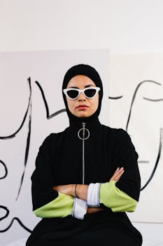 室内现代艺术氛围中，一位戴着头巾和时尚太阳镜的自信女性肖像