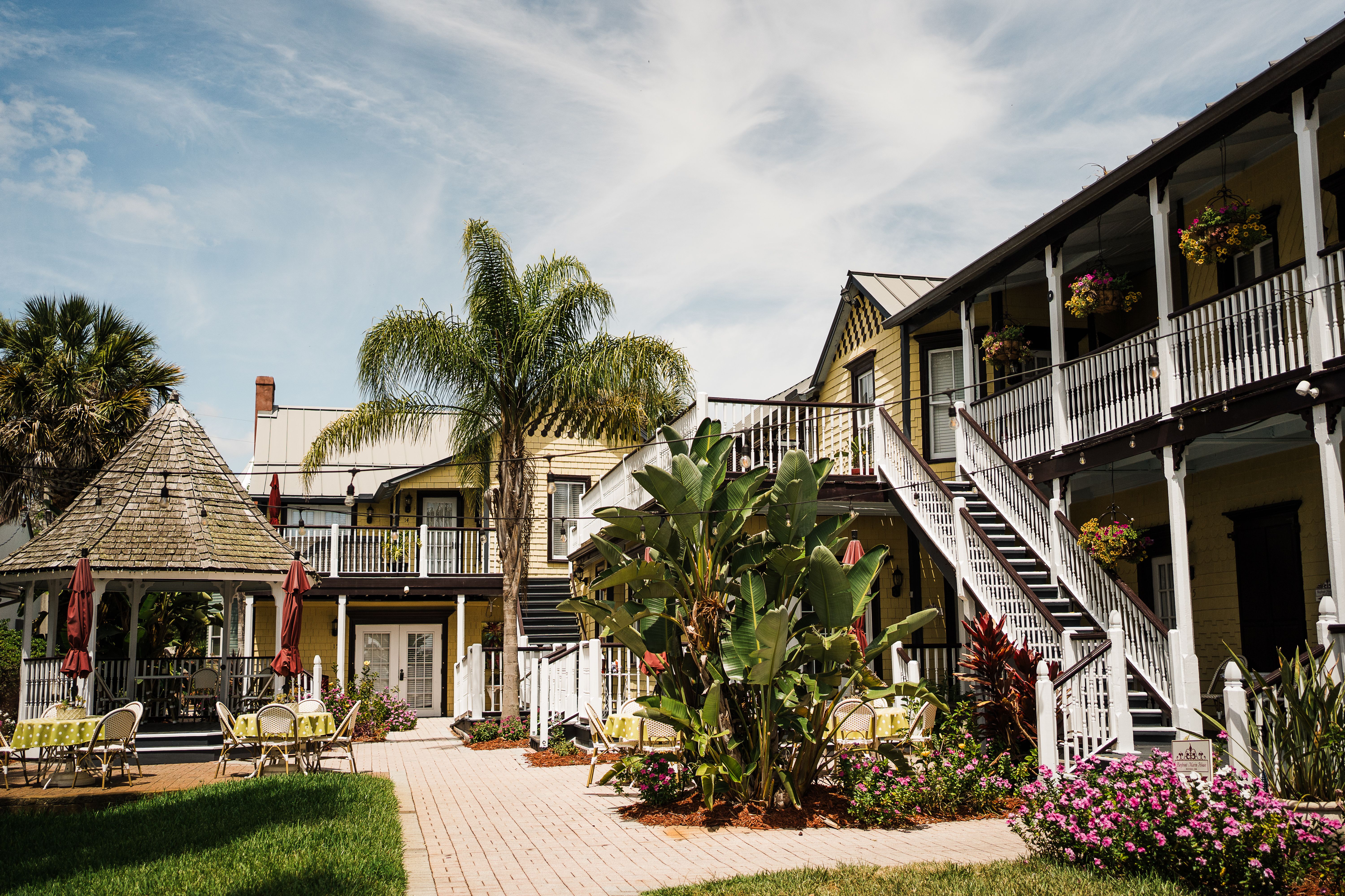 A quiet courtyard garden filled with greenery and flowers.