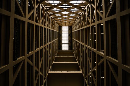 Symmetrical perspective of a modern building's interior structure in Minneapolis.