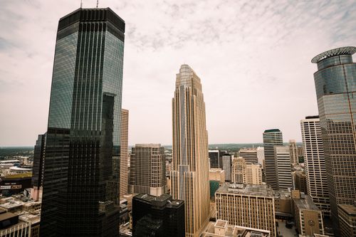Free Aerial view of Minneapolis skyline featuring Wells Fargo Center and other skyscrapers. Stock Photo