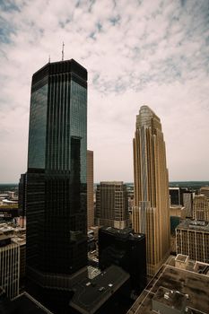 An aerial perspective of iconic skyscrapers in downtown Minneapolis, Minnesota.