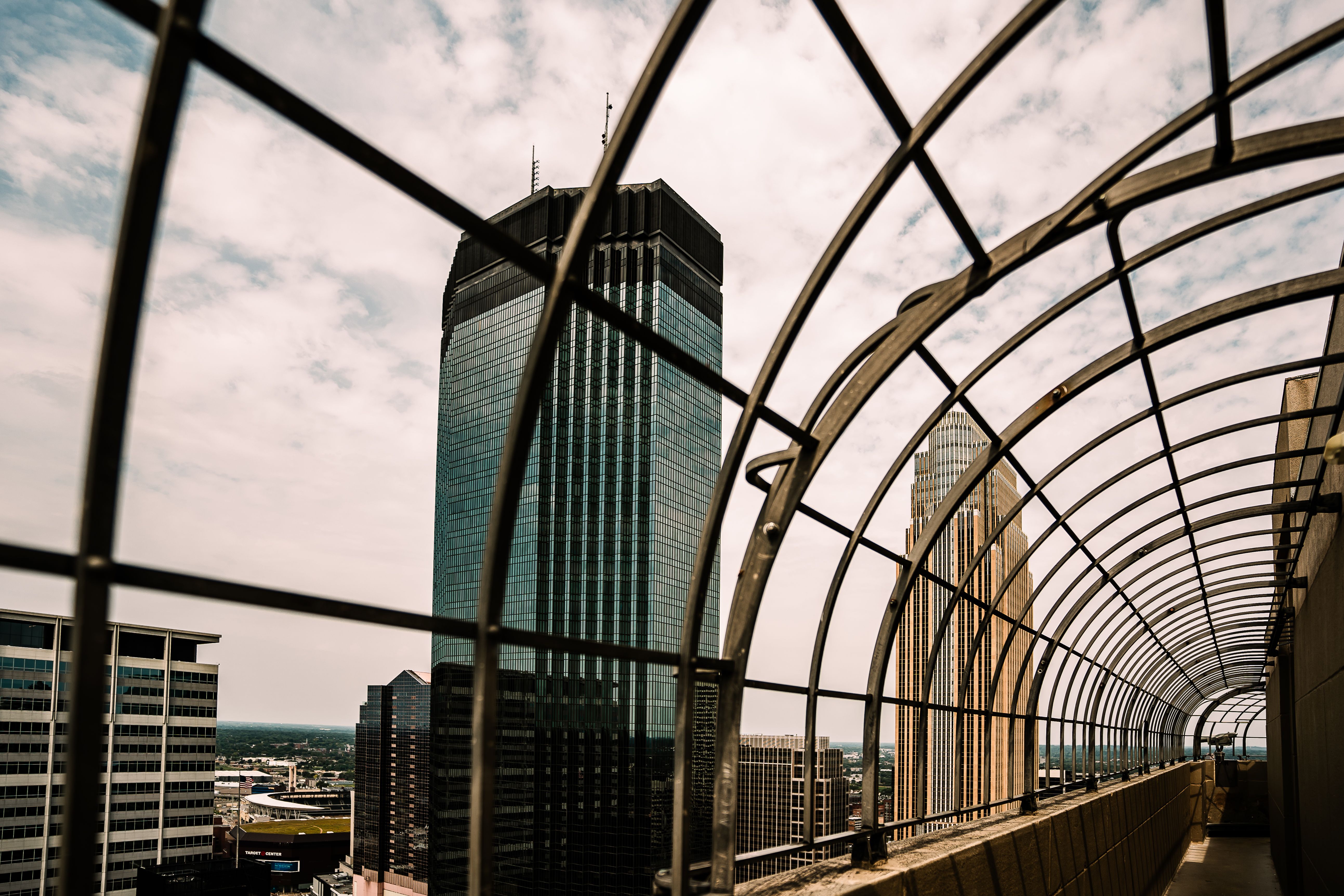 Aerial view of Minneapolis skyline showcasing modern skyscrapers and urban design.