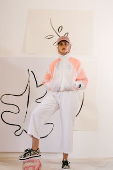 一位戴着头巾、身着时尚服装的女性，在艺术背景的室内自信地摆着姿势