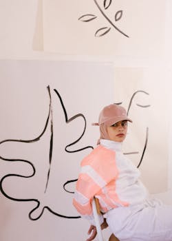 在艺术工作室里，一位穿着时尚休闲装的女士将现代时尚与创意表达融为一体