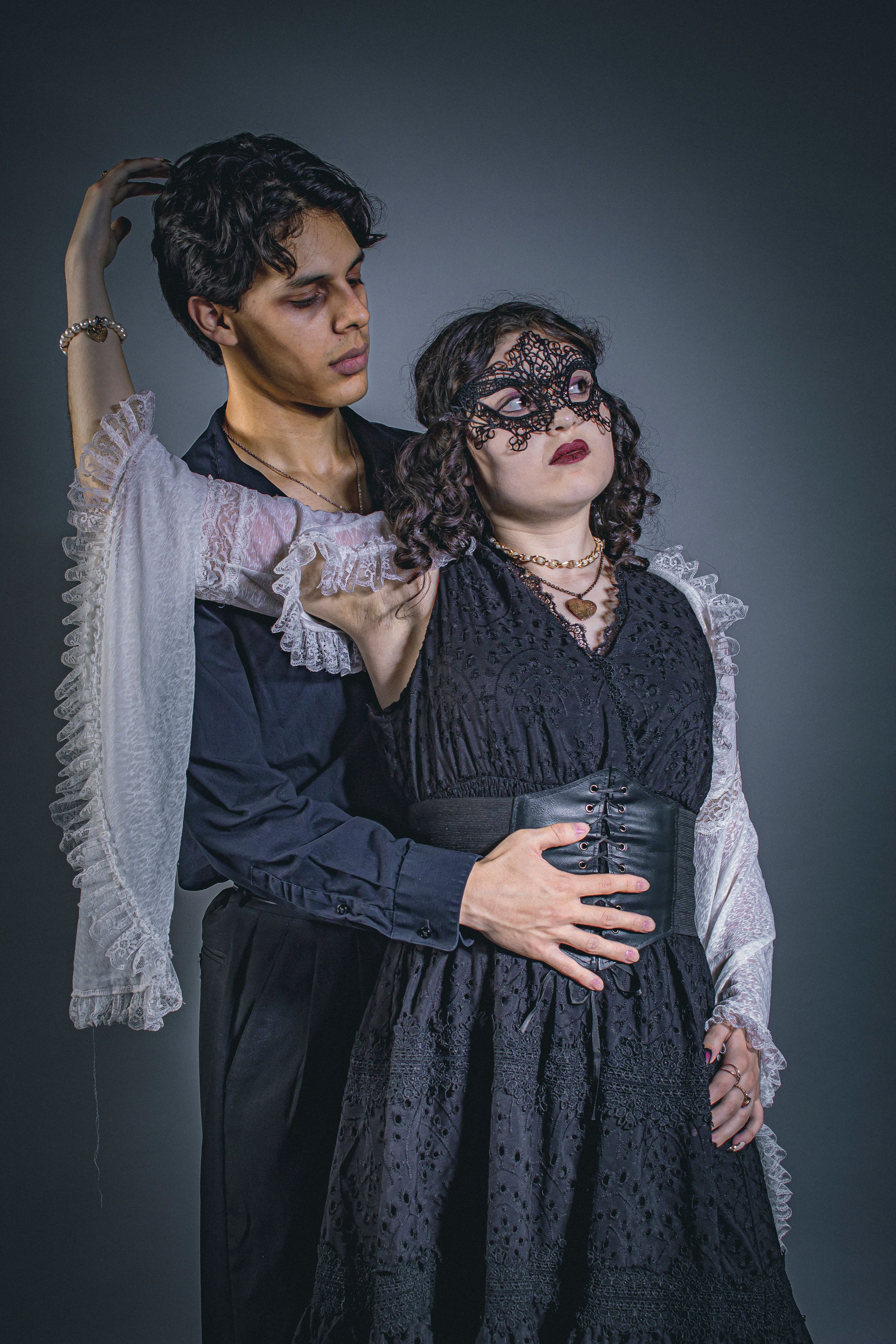 Stylish couple in Victorian-inspired clothing with lace detailing in a dramatic pose.. pexels, stylish, couple