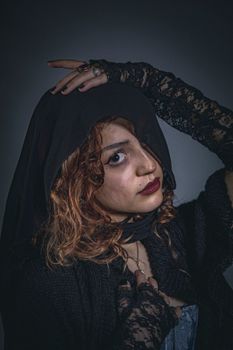 Dramatic portrait of a woman in lace and veil, exuding Victorian elegance.. dramatic, portrait, woman