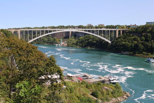 Scenic view of the Rainbow Bridge stretching over the Niagara River in Ontario, Canada.