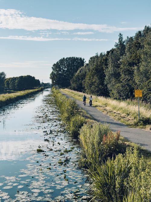 Free A serene scene of cyclists on a canal path surrounded by lush greenery in summer. Stock Photo
