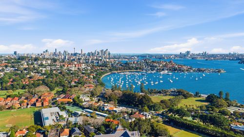 Free Scenic aerial view of Sydney Harbor with city skyline and vibrant landscape. Stock Photo