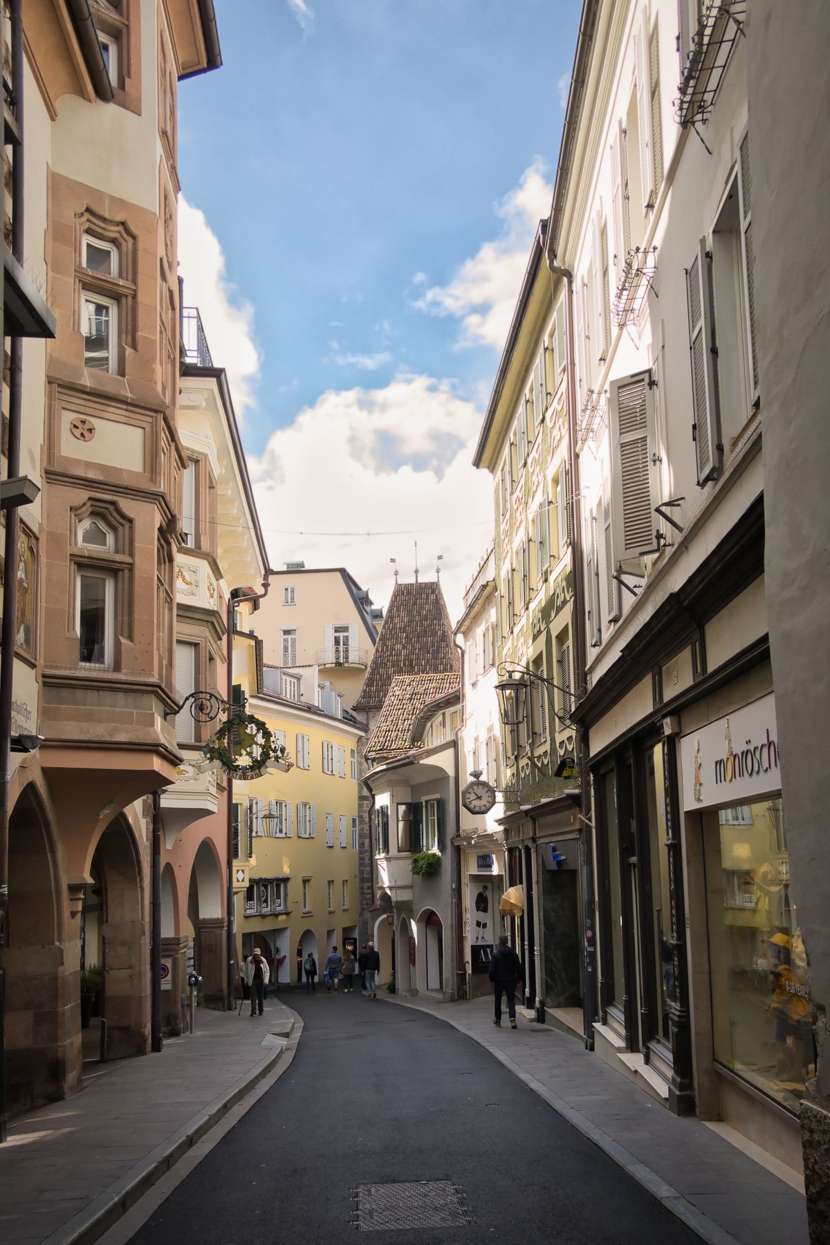 Historic street view in Merano with pastel buildings