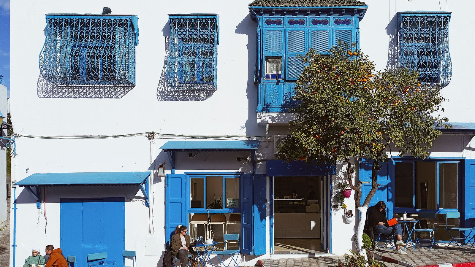 Charming tunisian street scene with cafe