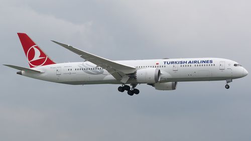 Free Capture of Turkish Airlines Boeing 787 Dreamliner flying against cloudy sky. Stock Photo