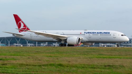 Free Turkish Airlines Boeing 787 Dreamliner taxiing on a runway at an airport on a clear day. Stock Photo