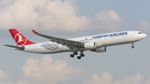 Free Turkish Airlines Airbus A330 flying against a cloudy blue sky, showcasing aviation power. Stock Photo