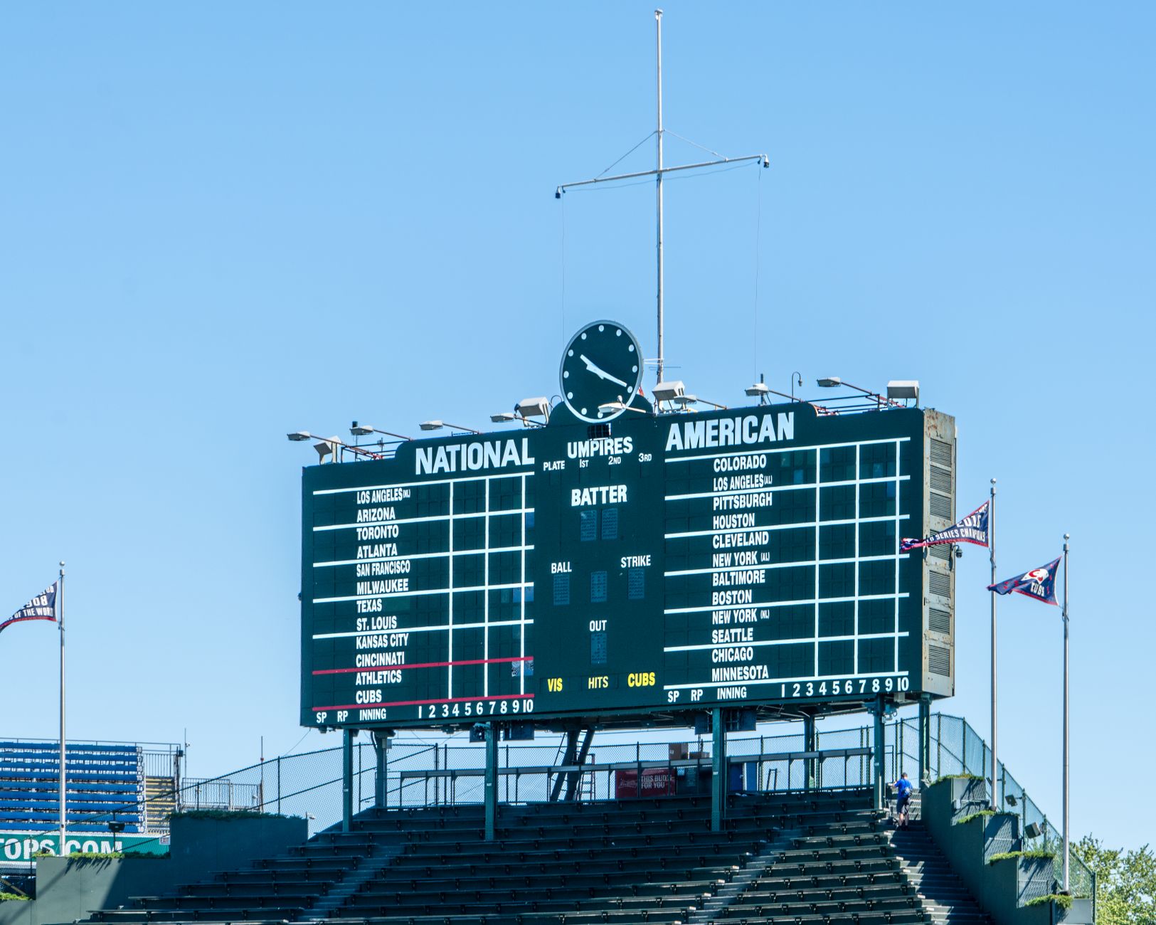 Historic Wrigley Field scoreboard showcasing teams under a clear blue sky in Chicago.