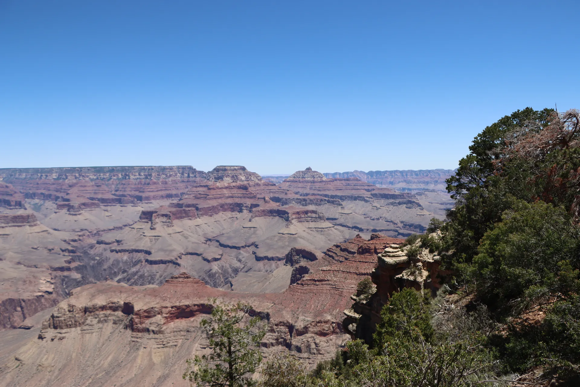 The layered walls of the Grand Canyon under clear blue skies. The layered walls of the Grand Canyon under clear blue skies.