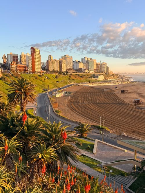 Free Scenic view of Mar del Plata's beach and skyline during sunset, highlighting urban and natural beauty. Stock Photo