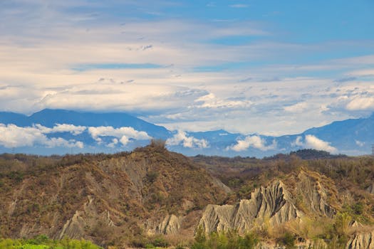 Breathtaking view of a mountain range under a blue sky in Taiwan, perfect for travel and nature enthusiasts.