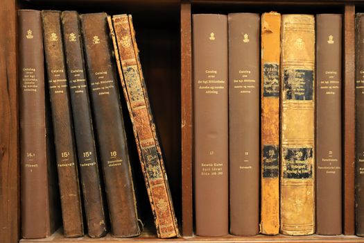 Row of antique books in a Copenhagen library, showcasing historical volumes.