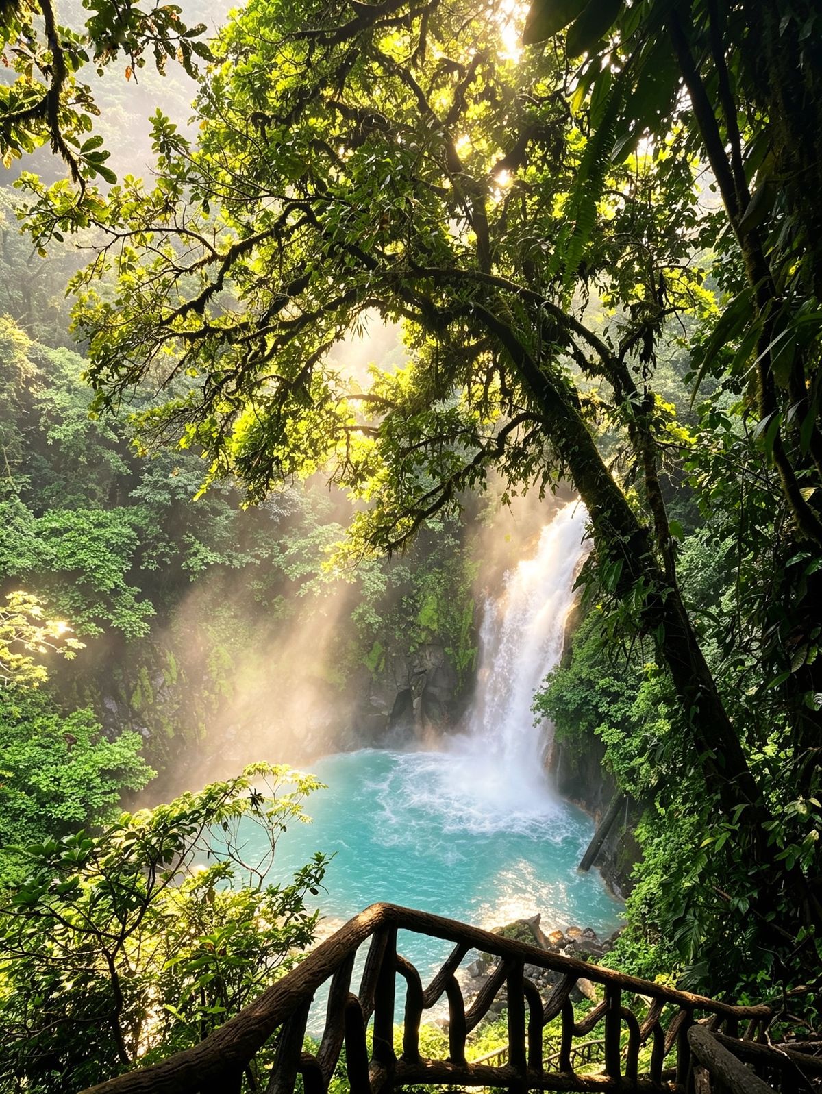 Turquoise rainforest river running through lush tropical vegetation