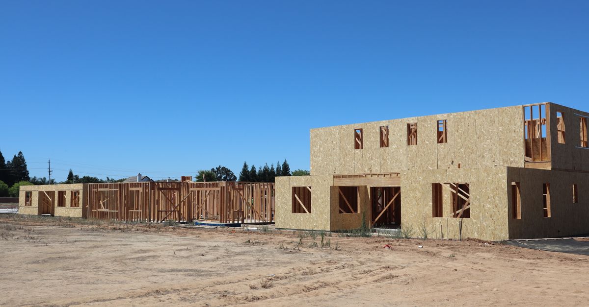 Framing of new residential buildings under construction in Elk Grove, California.