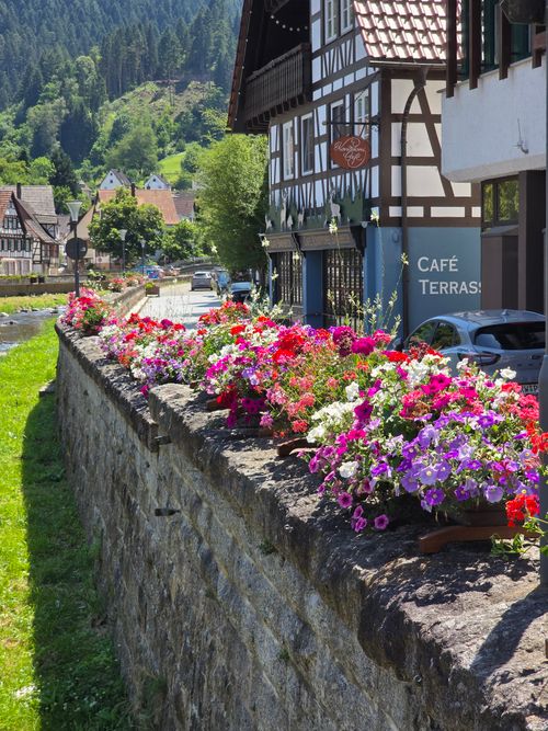 Free Colorful flowers adorn a stone wall in a picturesque rural village setting Stock Photo