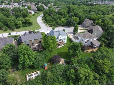 Aerial image showcasing a lush suburban neighborhood with well-maintained lawns and houses.