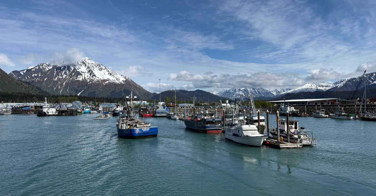 Boats docked at Seward harbor with scenic mountains and a clear blue sky in the background.