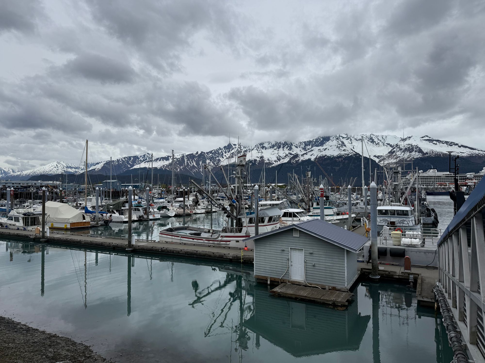 Scenic view of Seward Harbor with boats and snow-capped mountains under cloudy skies.