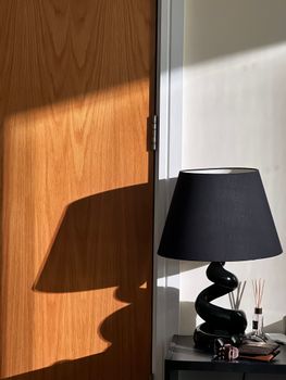 A stylish black lamp creates a unique shadow on an oak door in a sunlit room.