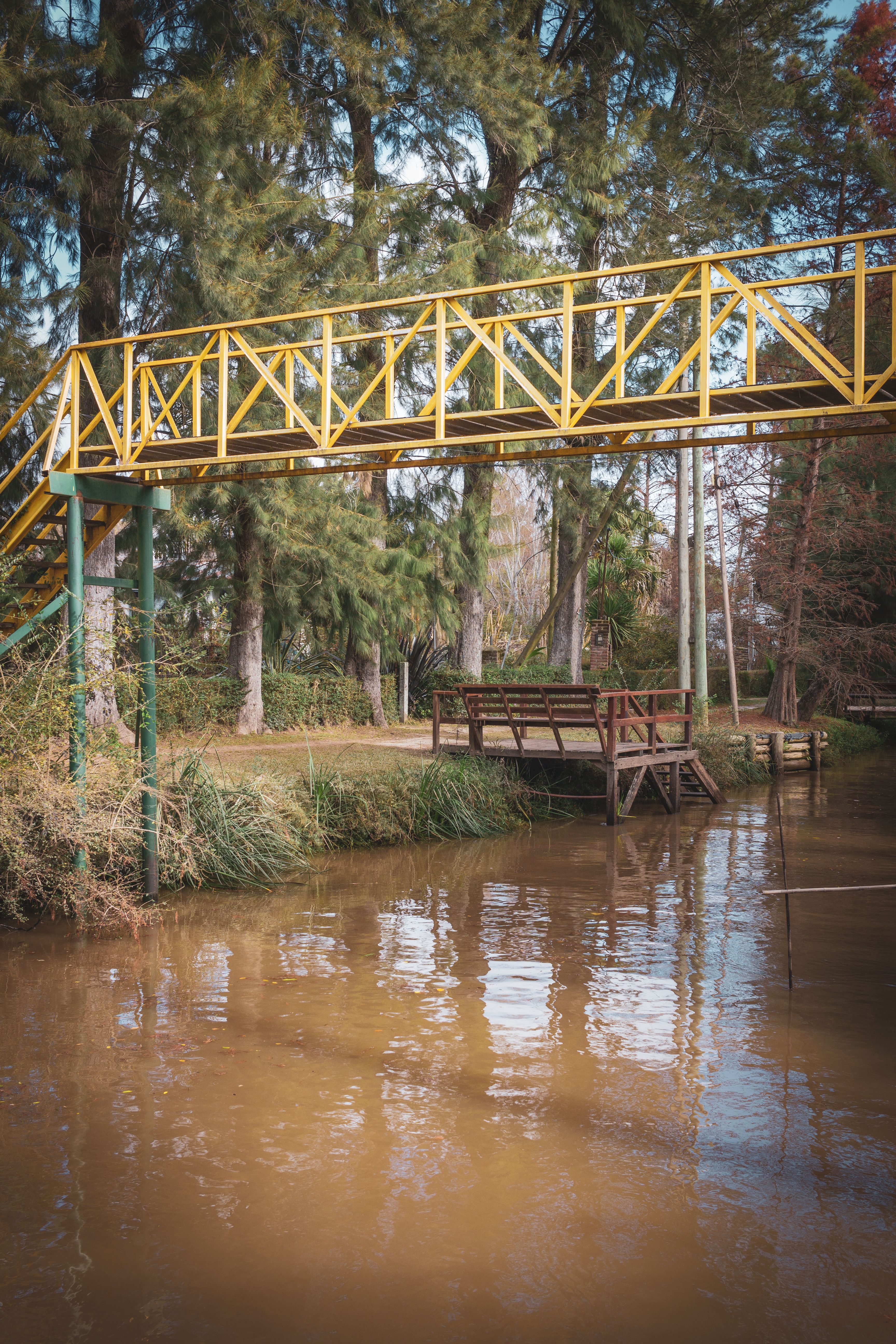 Fotomural Un pintoresco puente amarillo cruza un arroyo tranquilo en medio de un bosque, ofreciendo una escapada apacible.