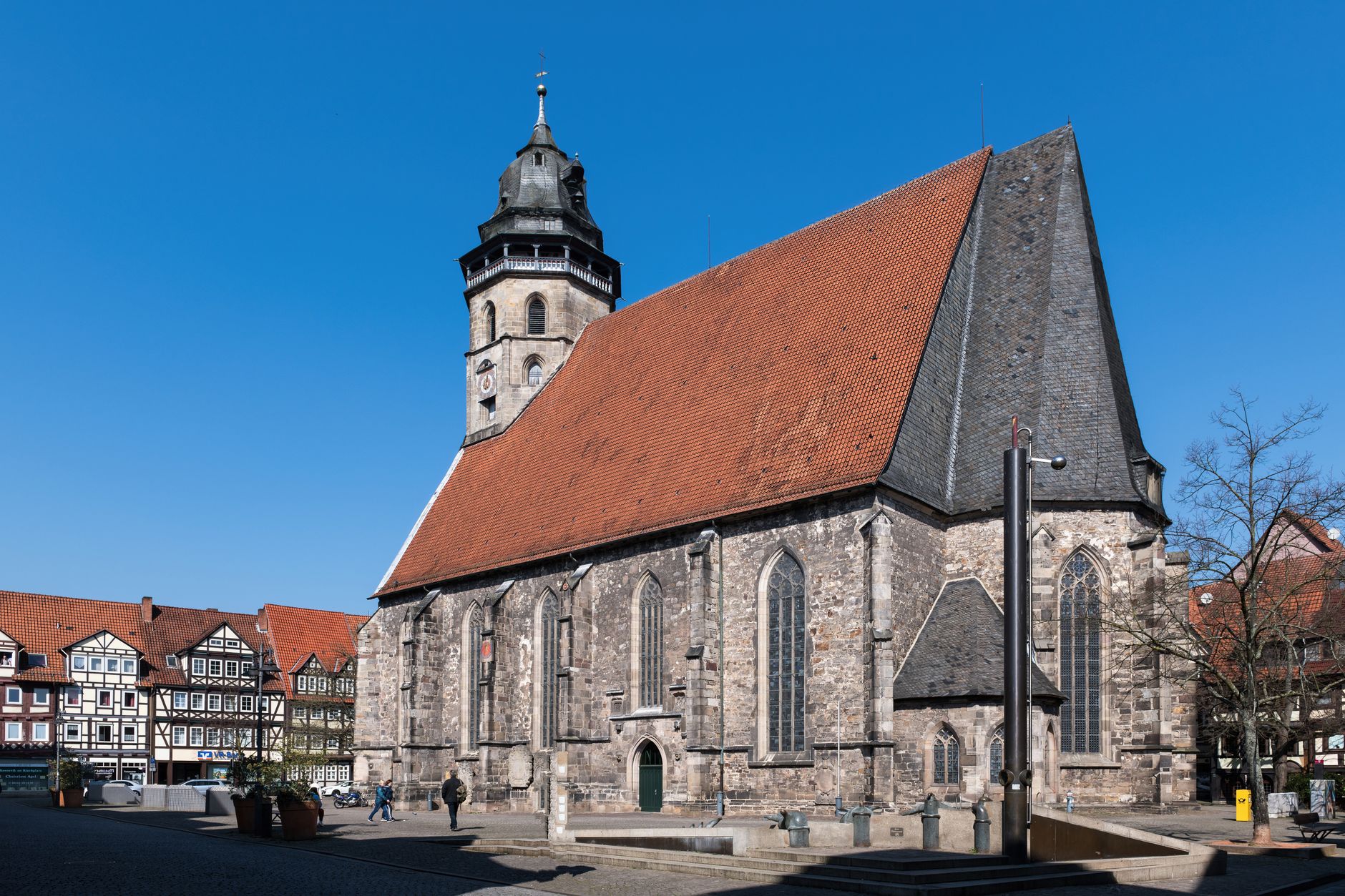 Medieval church with timbered houses in Hann. Münden, Germany.